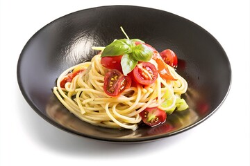 Wall Mural - spaghetti with fresh tomato and basil served on dark dish