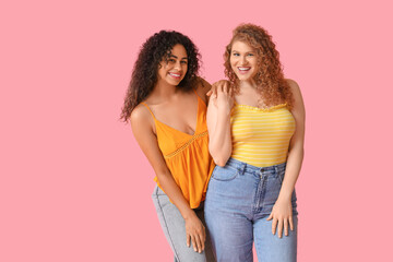 Sticker - Beautiful young women on pink background