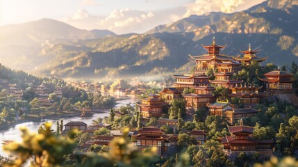 Wall Mural - Shangri-La, China - Tibetan-style architecture and scenic beauty