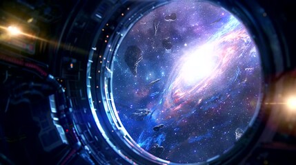 Wall Mural - Stunning view of outer space galaxy from a spaceship window. Seamless looping time lapse 4k video animation background