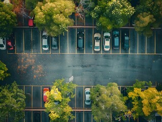 Aerial Drone View of Organized Car Parking Lot Surrounded by Vibrant Autumn Foliage