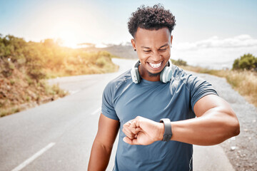 Sticker - Man, outdoor and check smart watch on road for running time, health tracker and happy with marathon speed. Athlete, person and timer to monitor cardio progress, workout app and headphones for music