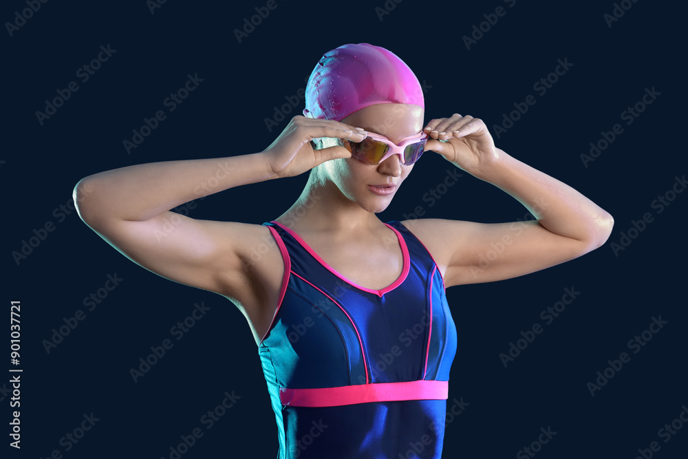 Professional young female swimmer on black background