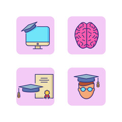 Wall Mural - education line icon set. student, computer, certificate with graduation cap and human brain. online 