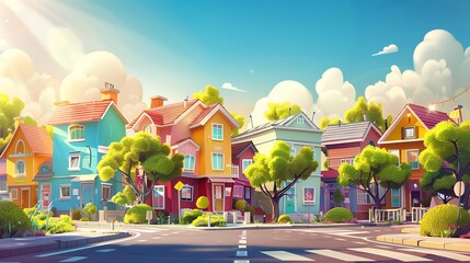 A cartoon-style illustration of a colorful neighborhood street.