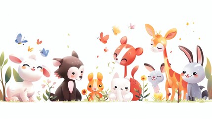 Wall Mural - A cartoon illustration of cute animals standing and sitting together.