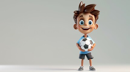 Canvas Print - A cartoon boy holds a soccer ball and smiles.