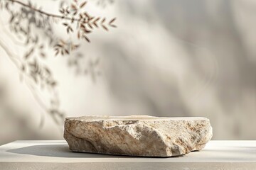 Beige concept product display podium Rock Stone with blurred background with sunlight shadow with generative ai