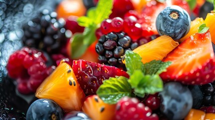 Canvas Print - A colorful fruit salad with strawberries, blueberries, blackberries, orange, and mint.