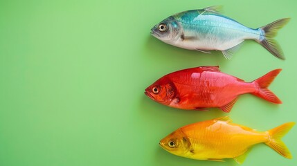 Wall Mural - Three fish, one blue, one red, and one yellow, are arranged in a vertical line against a green background.