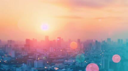 Wall Mural - abstract blurred cityscape at sunset, featuring a vibrant, warm color palette with hues of orange, p