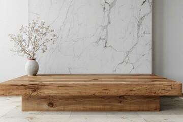 Wall Mural - Wooden Platform with Dried Flower Arrangement and White Marble Wall