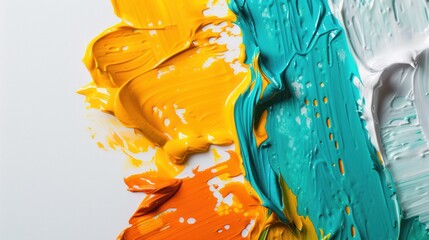 finger paint bauhaus style in orange, yellow white and teal on a white background,