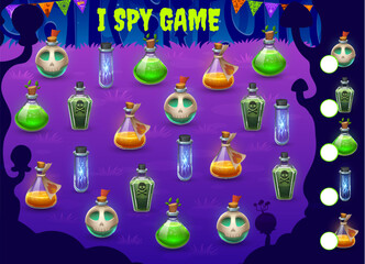 Aufkleber - Halloween kids I spy game with witch magic potion bottles, vector puzzle worksheet. Find and match correct object picture of witch potion and magic spell elixir or poison bottles in Halloween forest