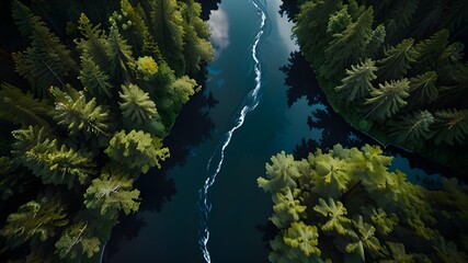 Wall Mural - An aerial shot of a winding river cutting through a dense forest, demonstrating the vastness and untouched beauty of nature Generative AI