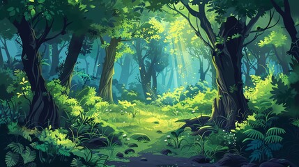 Wall Mural - A cartoon illustration of a forest path in the sunlight.
