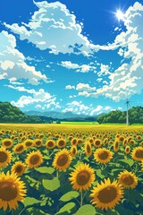 Poster - Sunny Day in a Field of Sunflowers with a Wind Turbine in the Distance