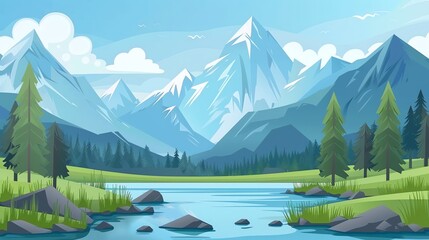 Canvas Print - A cartoon illustration of a serene mountain lake with pine trees and snow-capped peaks.