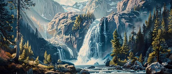 Wall Mural - watercolor painting of a mountain waterfall.