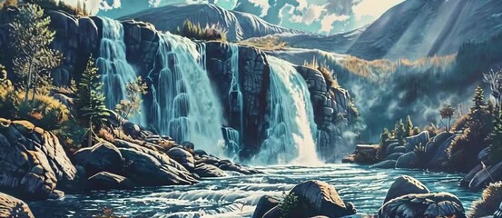 Wall Mural - watercolor painting of a mountain waterfall.