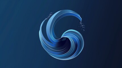 Abstract, 3D rendering of a swirling blue shape on a blue background.