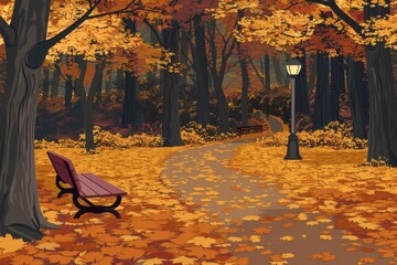 Poster - A Bench in a Golden Autumn Forest with a Lamppost