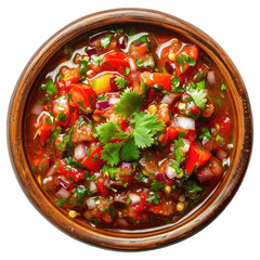 bowl of tomato Salsa sauce top view isolated on transparent white background, clipping path