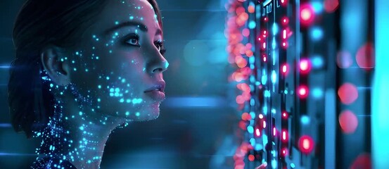 Wall Mural - AI cybersecurity threat illustration: Female IT specialist analyzing data.