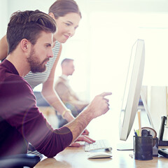 Leinwandbilder - Employees, talking and computer for real estate in office, project and website for property update. Businesspeople, support and coordinate showing for client, planning and pride for online sale