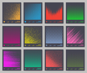 Aufkleber - Wave pattern. Abstract gradient background. Curve tech transition for dynamic design. Halftone print. Gradient square shapes. Spray effect. Vector graphic color gradation textures set