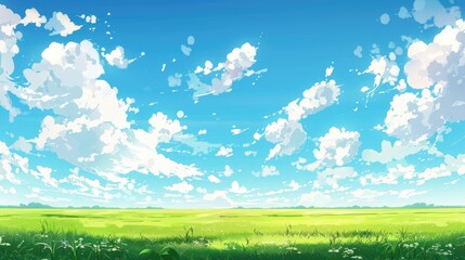 peaceful anime illustration of a green field and blue sky with white clouds, perfect for backgrounds