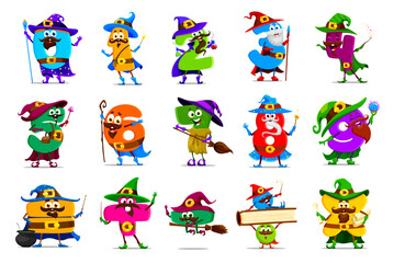 Poster - Cartoon Halloween math number wizard, witch and mage characters. Vector zero, one or two, three and four, five, six, seven, eight and nine. Equation, plus and minus, multiplication, division mages