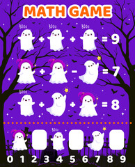 Aufkleber - Halloween math game worksheet. Cartoon cute kawaii ghost characters. Kids education quiz or riddle worksheet, children math vector puzzle or mathematical game with funny ghosts wizards personages