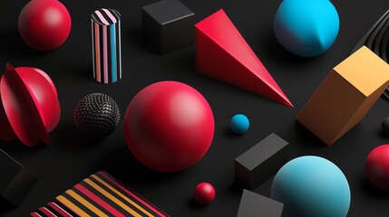 Wall Mural - a 3d render of a still life composition of various colorful geometric shapes, including spheres, cub