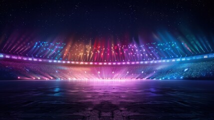Aufkleber - Vivid light show in a large stadium at night, featuring colorful illuminations and grand spectacle over an empty sports arena.
