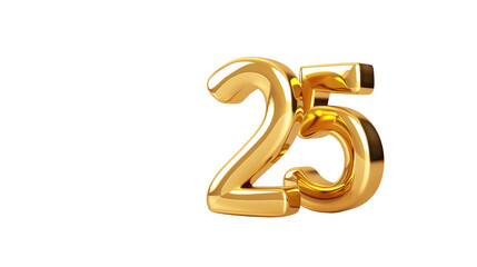 Golden metallic number 25 in a shiny style. The numbers are bold and reflective, creating a luxurious and celebratory feel. Transparent background.