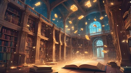 Wall Mural - Illustration of a magical library with books floating and sparkling in the air
