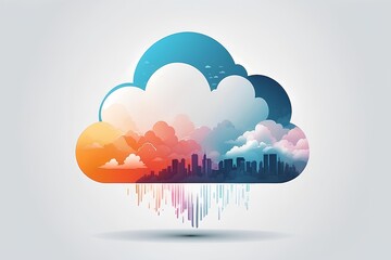 Aufkleber - Cloud City: Digital Rain: A vibrant cityscape silhouette nestled within a cloud, raining data streams, depicting the convergence of urban life and cloud computing. 