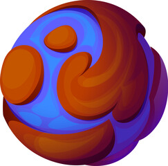 Poster - Cartoon fantasy alien space planet, galaxy game asset with a vivid blue smooth and glossy surface and brown swirling texture, floating in the depths of a starry space. Vector mystical globe in cosmos