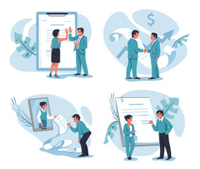 Poster - Contract signature. Partners signing documents. Businessman negotiation. Business agreement. People handshaking. Successful deal. Electronic legal consultations. Vector concepts set