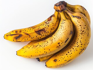 A bunch of ripe bananas with brown spots, ready to be eaten, isolated on a white background.