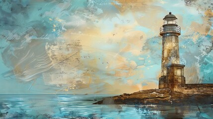 Wall Mural - A lighthouse stands on a rocky shore with a blue sky and water in the background.