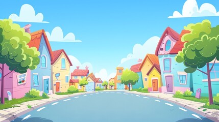 Wall Mural - A cartoon illustration of a street lined with colorful houses on a sunny day.