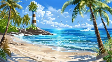 Wall Mural - An illustration of a tropical beach scene with palm trees, a lighthouse, and a sailboat in the ocean.