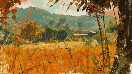 Poster -   A painting depicts a field with trees, a house in the background, and a mountain in the distant horizon