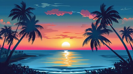 A colorful cartoon illustration of a tropical sunset with palm trees.