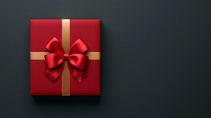 A top view of an elegant red gift box with gold ribbon, centered on dark background. The box is adorned with a large bow and sits against the left side of frame. A subtle shadow effect adds depth to