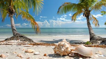 Wall Mural - Palm trees on a tropical beach with seashells in the foreground.