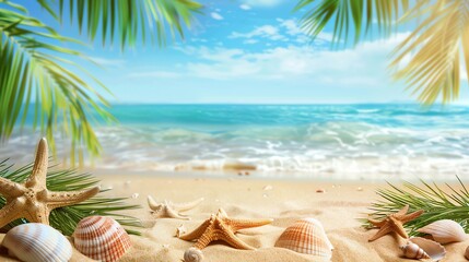 Wall Mural - A sandy beach with seashells, starfish and palm trees in the foreground. The sea is in the background.