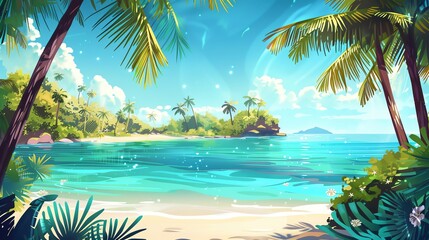 Wall Mural - An illustration of a tropical beach scene with palm trees and a blue ocean.